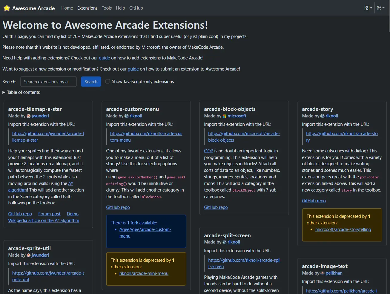 A picture of the top of the web page of the Awesome Arcade site of the extensions page.